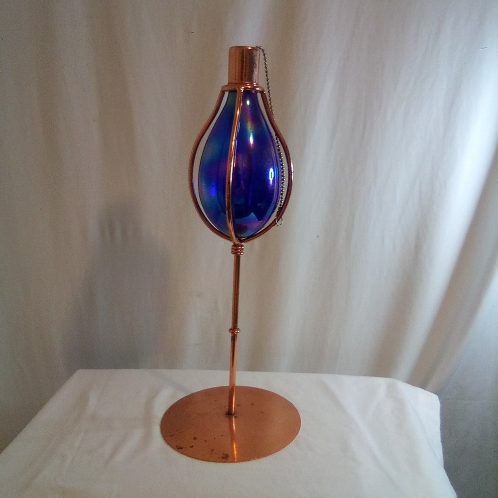 Vintage Hand Blown Blue/purple Glass Oil Lamp on 18" Copper Plated Stand w/ Cap
